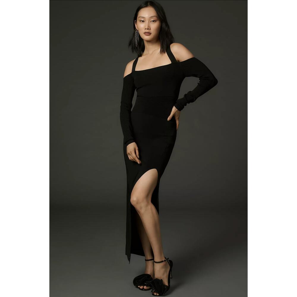 Anthropologie Off The Shoulder Long Sleeve Maxi Dress Ribbed Knit Black Midi